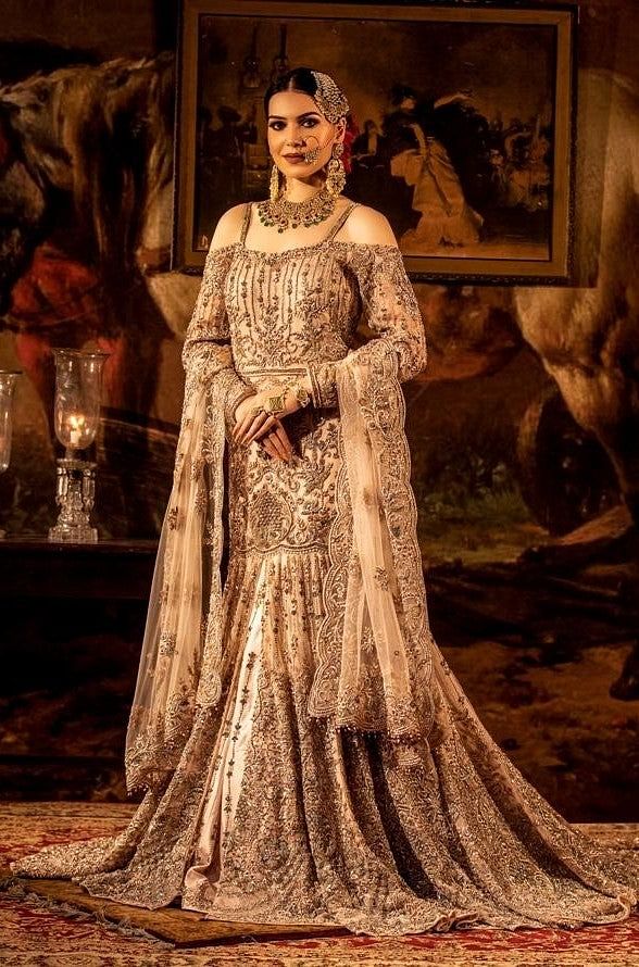 fitted lace wedding dress Beige cold-shoulder Mermaid Trail Gown with Net Dupatta.– Frontier Bazarr