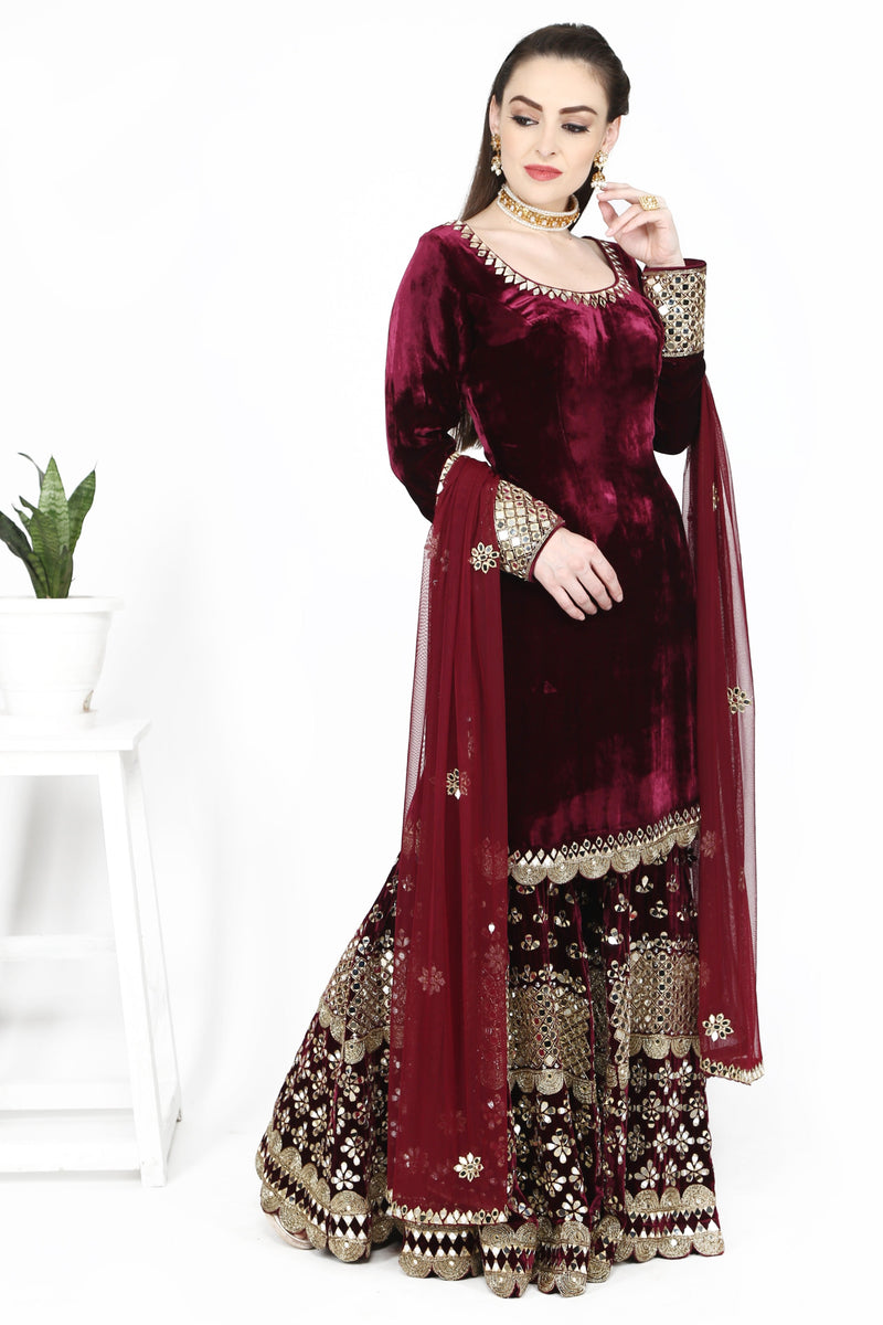 Maroon Velvet Sharara Frontier Bazarr