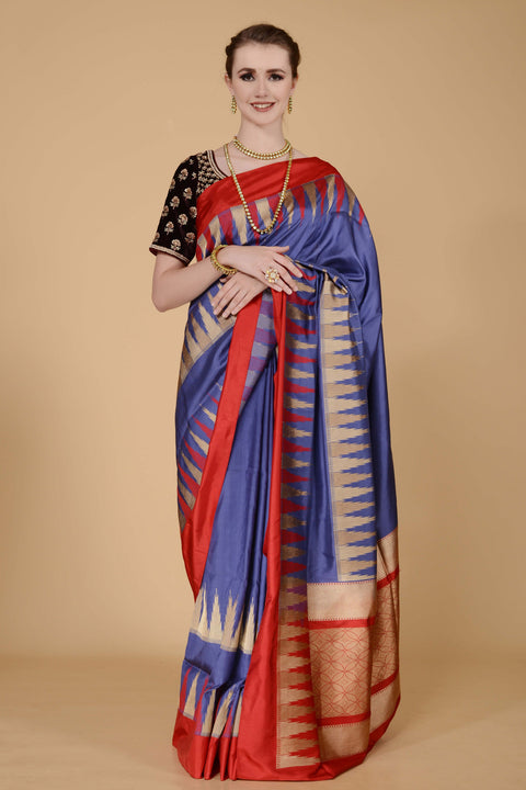 Steel Blue with Red and Golden Border Banarasi Saree freeshipping - Frontier Bazarr