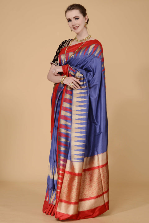 Steel Blue with Red and Golden Border Banarasi Saree freeshipping - Frontier Bazarr
