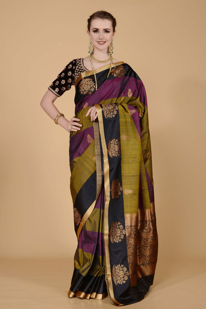 Purple Black and Olive Stripes Saree freeshipping - Frontier Bazarr