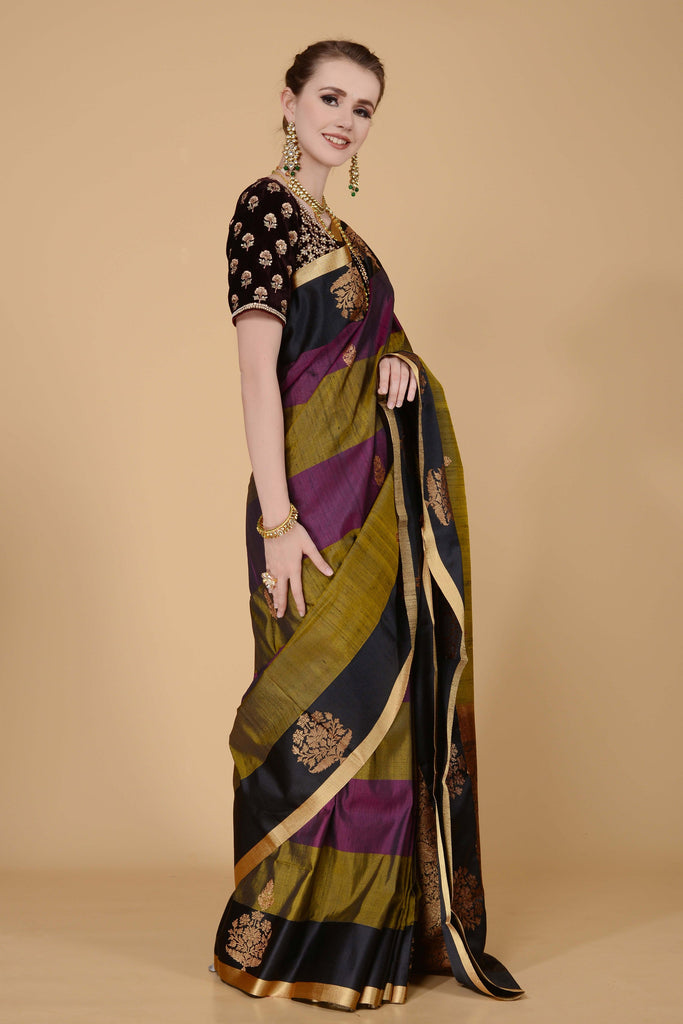 Purple Black and Olive Stripes Saree freeshipping - Frontier Bazarr