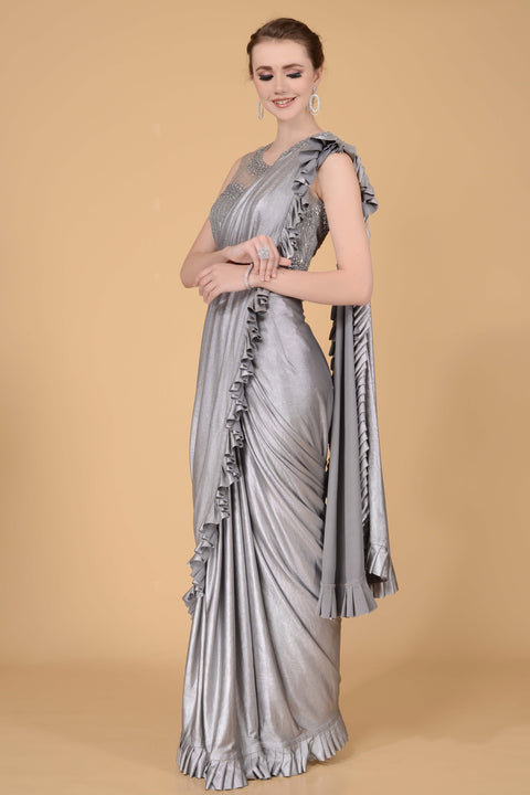 Steel Grey Drape Saree freeshipping - Frontier Bazarr