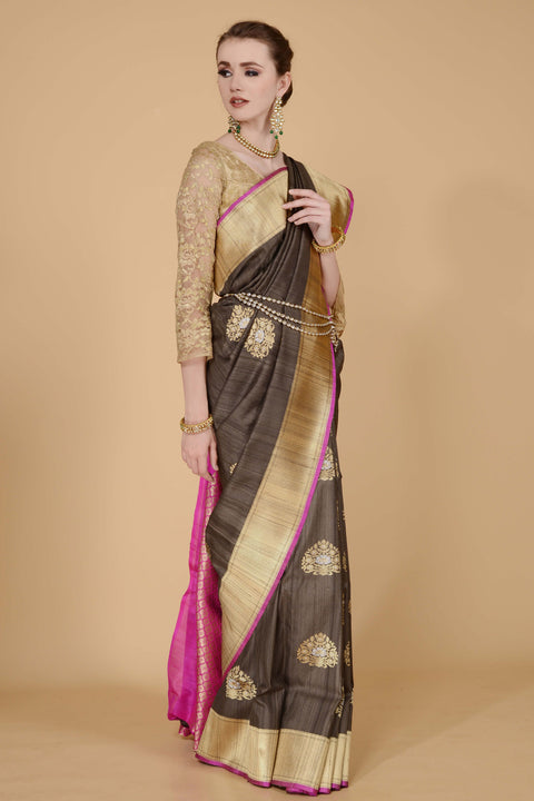 Dark Olive Green with Pink Border Saree freeshipping - Frontier Bazarr