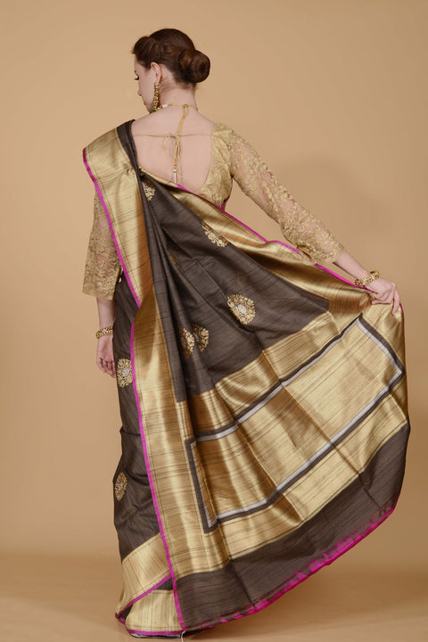 Dark Olive Green with Pink Border Saree freeshipping - Frontier Bazarr