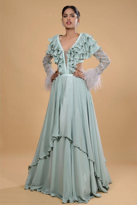 Pale green feather gown. freeshipping - Frontier Bazarr