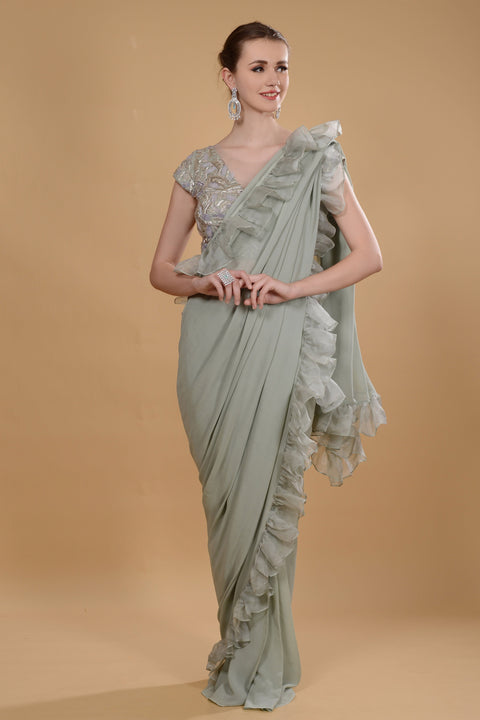 Grayish green drape saree. freeshipping - Frontier Bazarr