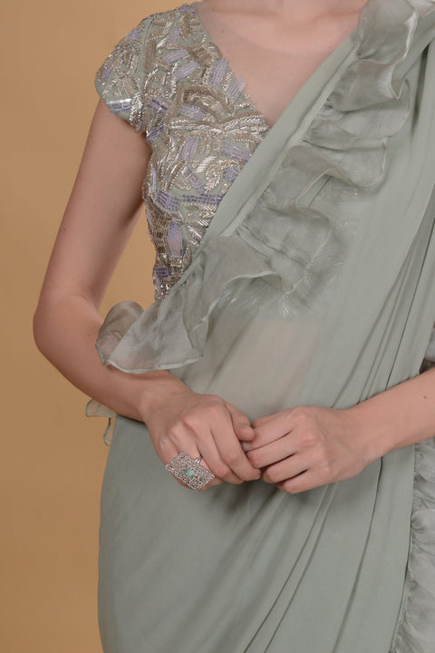 Grayish green drape saree. freeshipping - Frontier Bazarr