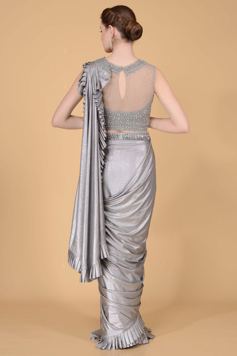 Steel Grey Drape Saree freeshipping - Frontier Bazarr