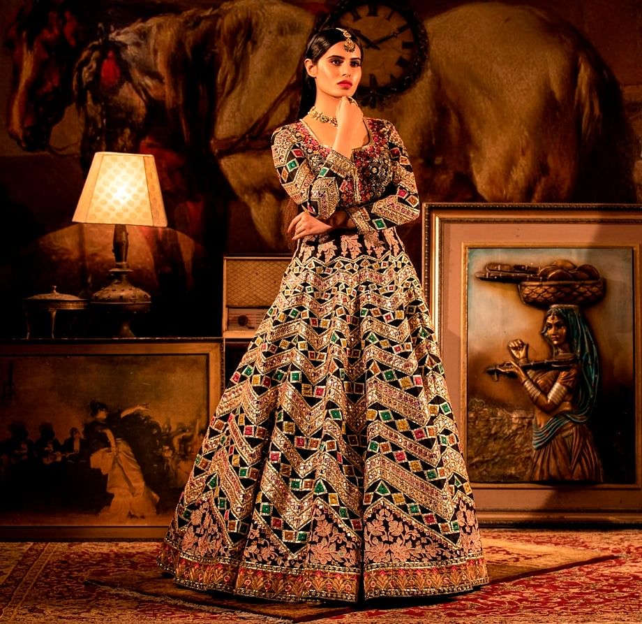 Multi-colour Embroidered black Anarkali. freeshipping - Frontier Bazarr