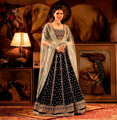 Mid-night Blue Velvet Lehenga with Blue Dupatta set. freeshipping - Frontier Bazarr