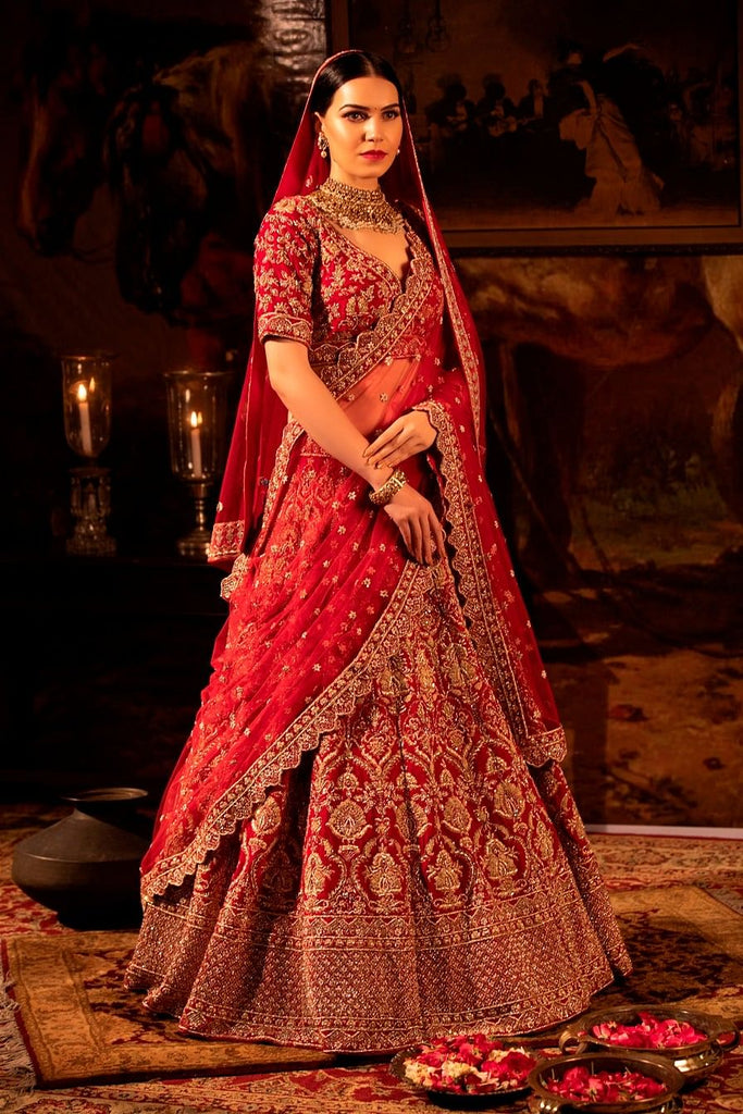 Vermilion red Bridal Lehenga Set. freeshipping - Frontier Bazarr
