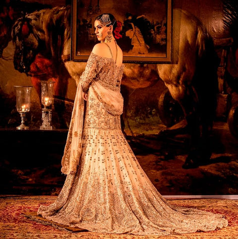 Beige cold-shoulder Mermaid Trail Gown with Net Dupatta. freeshipping - Frontier Bazarr
