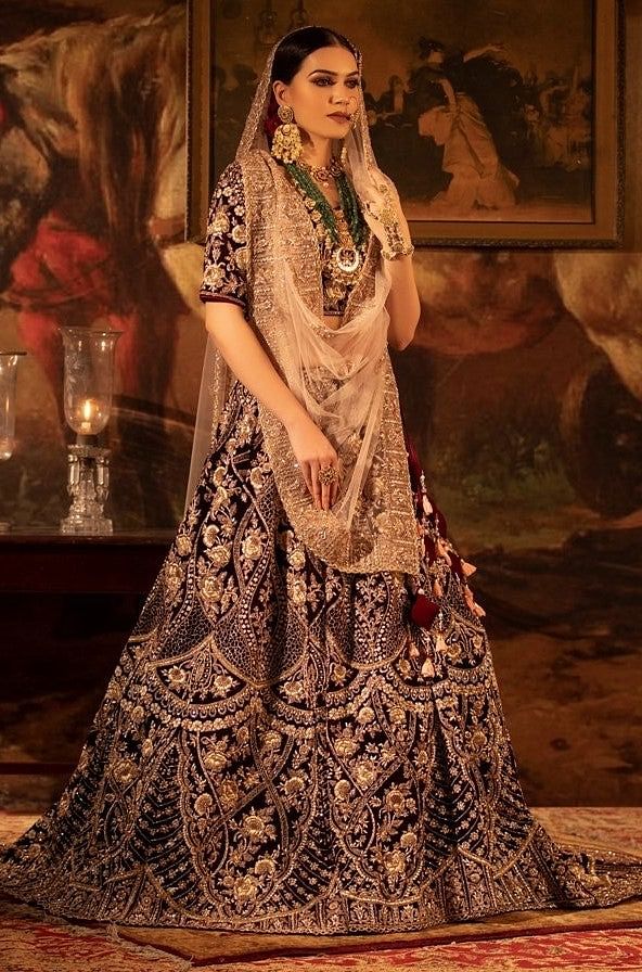 Maroon Velvet Lehenga with peach Dupatta Set. freeshipping - Frontier Bazarr