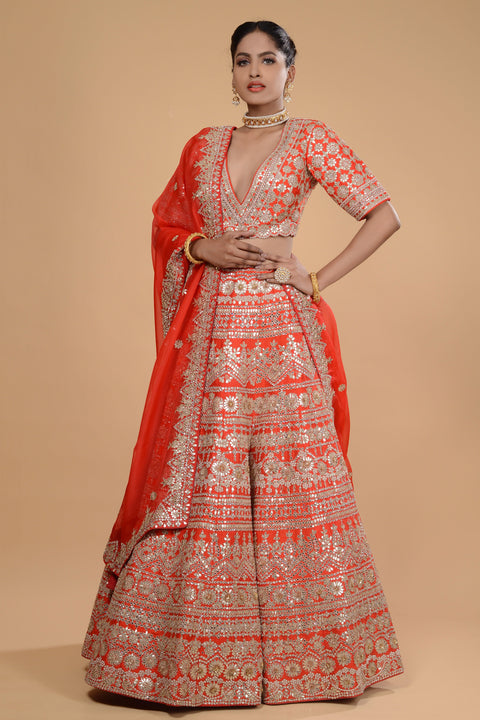 Bright Orange Embroidered Lehenga Set. freeshipping - Frontier Bazarr