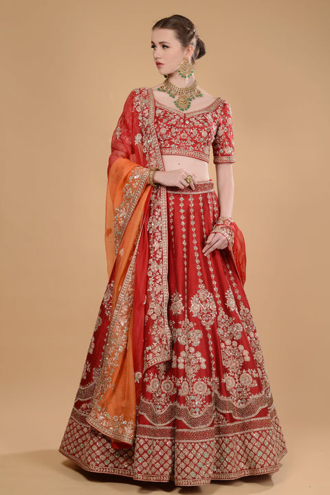 Crimson Red Lehenga with Ombre Duputta Set. freeshipping - Frontier Bazarr