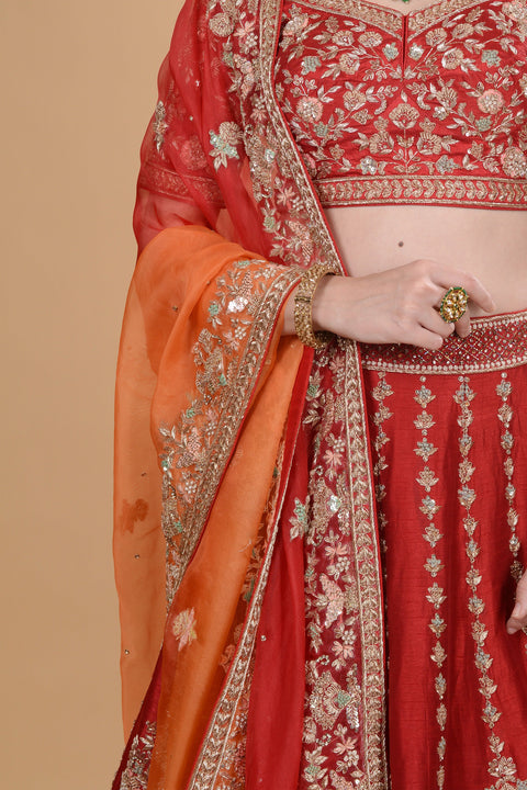 Crimson Red Lehenga with Ombre Duputta Set. freeshipping - Frontier Bazarr