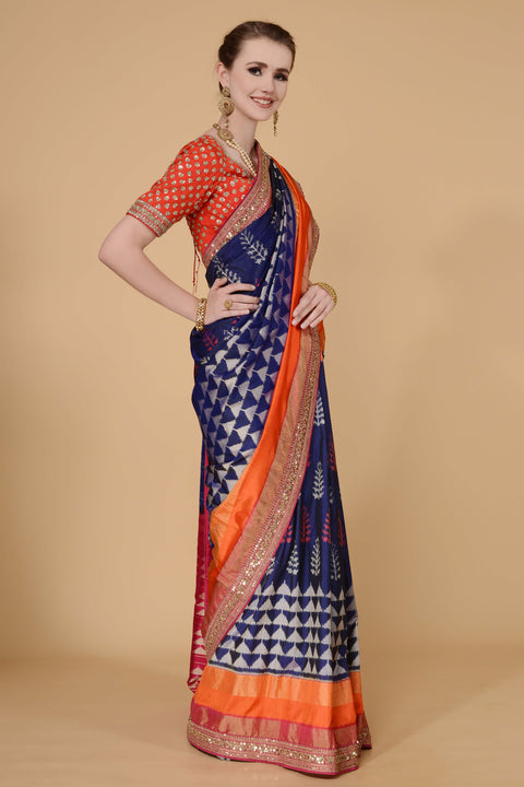 Navy Blue with orange and Pink Border Saree freeshipping - Frontier Bazarr