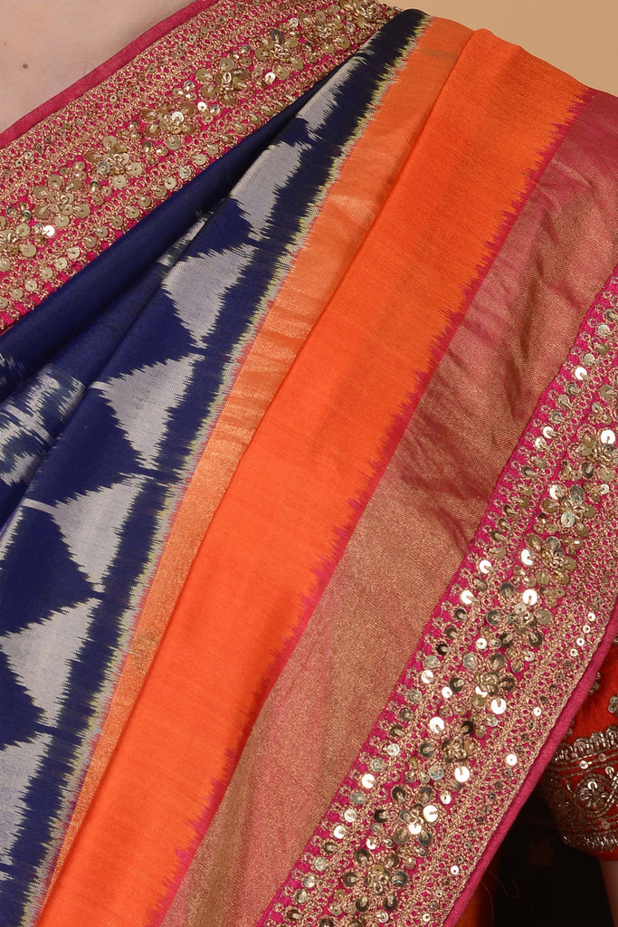 Navy Blue with orange and Pink Border Saree freeshipping - Frontier Bazarr