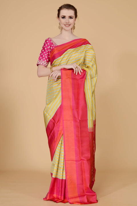 Yellow Grey with Pink and Orange Border Saree freeshipping - Frontier Bazarr