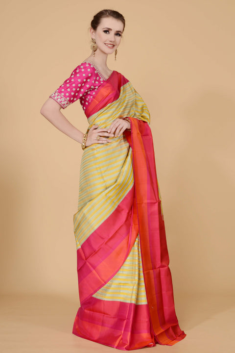Yellow Grey with Pink and Orange Border Saree freeshipping - Frontier Bazarr