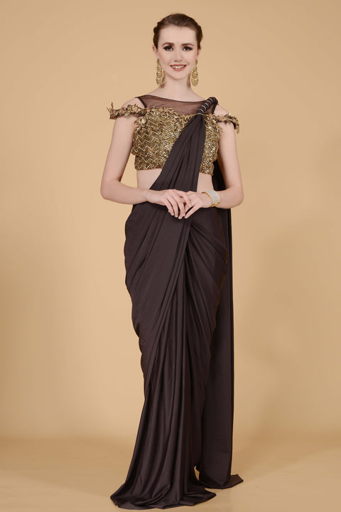 Earthy Brown Drape Saree freeshipping - Frontier Bazarr