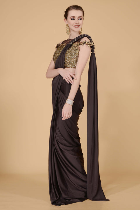 Earthy Brown Drape Saree freeshipping - Frontier Bazarr