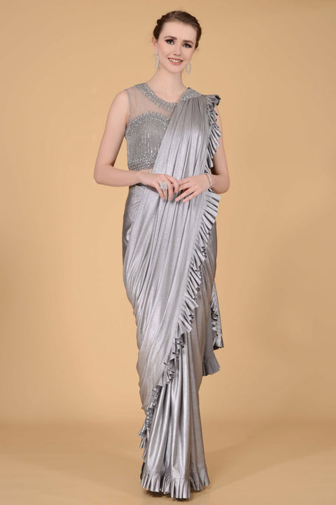 Steel Grey Drape Saree freeshipping - Frontier Bazarr