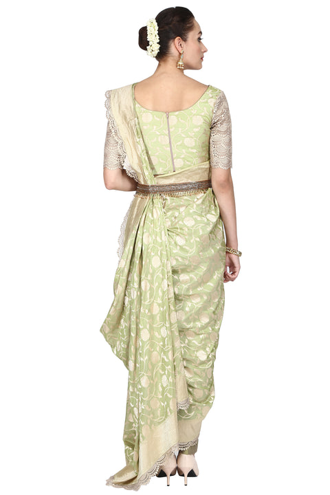 Mint Green Pre-drape Banarasi Saree. freeshipping - Frontier Bazarr