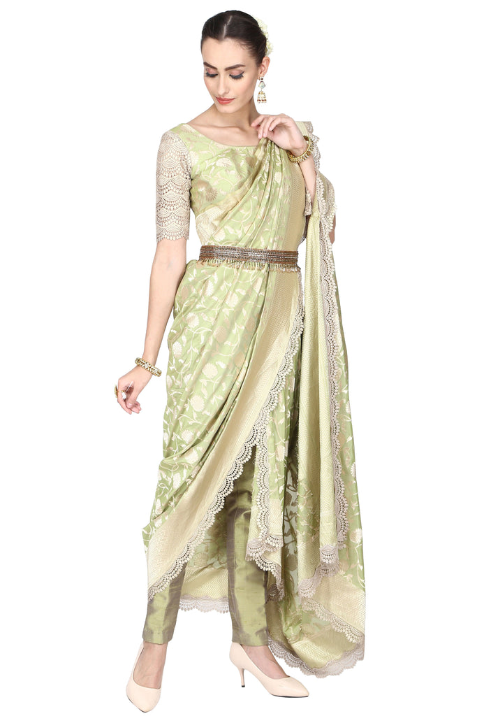 Mint Green Pre-drape Banarasi Saree. freeshipping - Frontier Bazarr