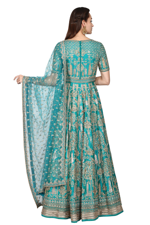 Turquoise Embroidered anarkali set freeshipping - Frontier Bazarr