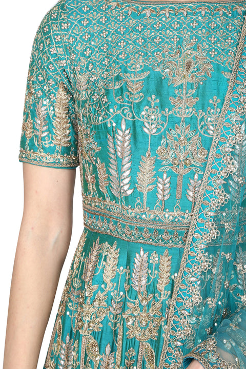 Turquoise Embroidered anarkali set freeshipping - Frontier Bazarr