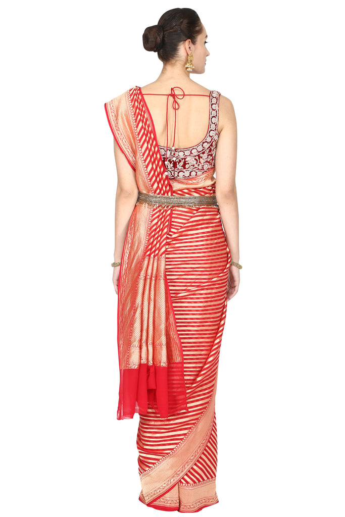 Vermilion red and golden stripe saree with blouse freeshipping - Frontier Bazarr