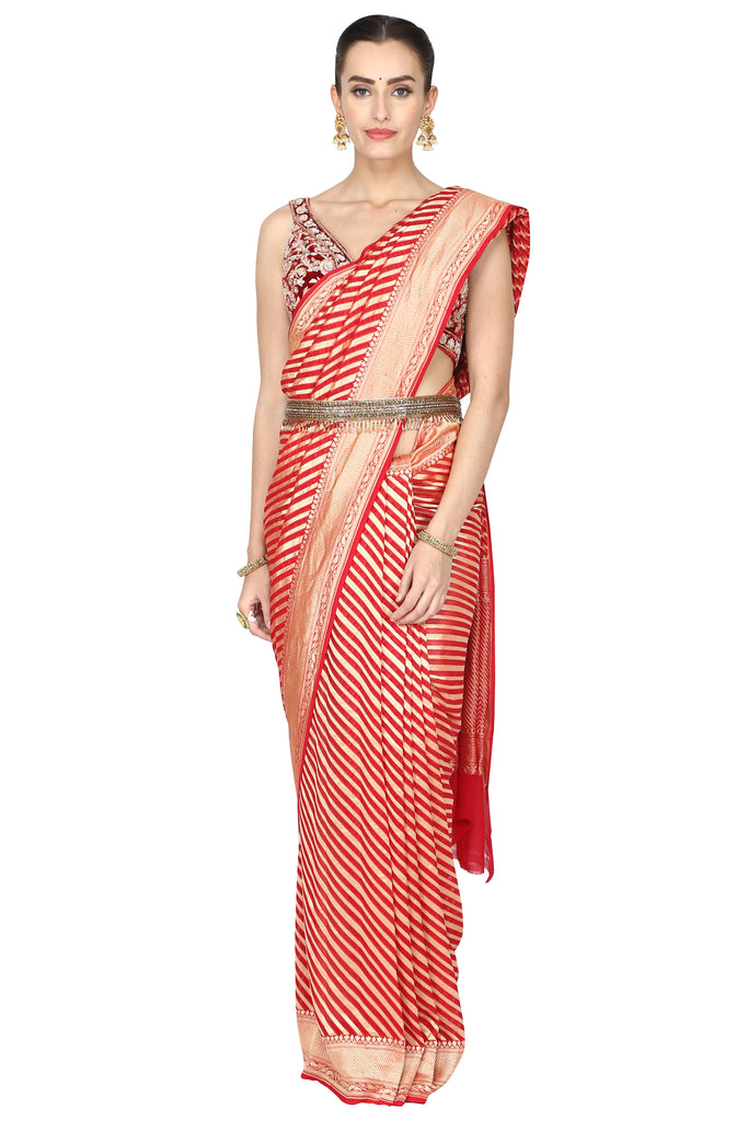 Vermilion red and golden stripe saree with blouse freeshipping - Frontier Bazarr