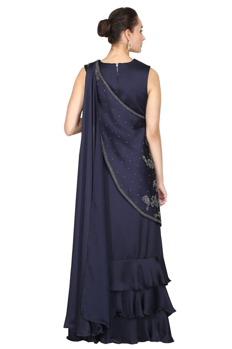 Navy Blue Drape Saree with One-Shoulder Cape. freeshipping - Frontier Bazarr