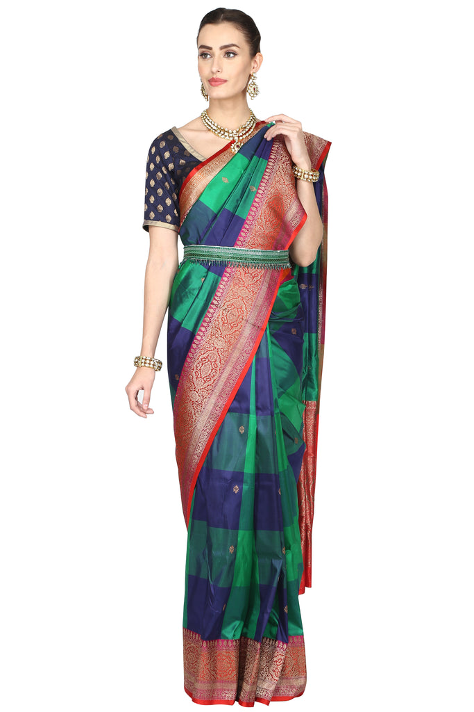 Blue & Green Checkered Saree. freeshipping - Frontier Bazarr