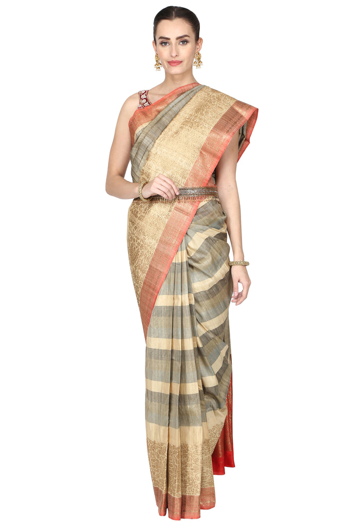 Grey handloom saree. freeshipping - Frontier Bazarr