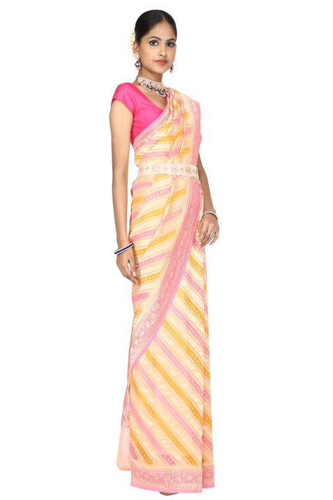 Pink and yellow handloom banarasi saree with blouse freeshipping - Frontier Bazarr