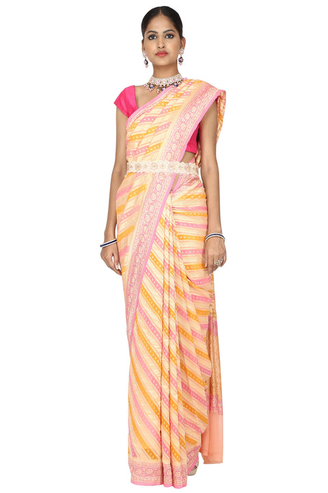 Pink and yellow handloom banarasi saree with blouse freeshipping - Frontier Bazarr