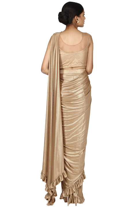 Metallic beige drape saree. freeshipping - Frontier Bazarr