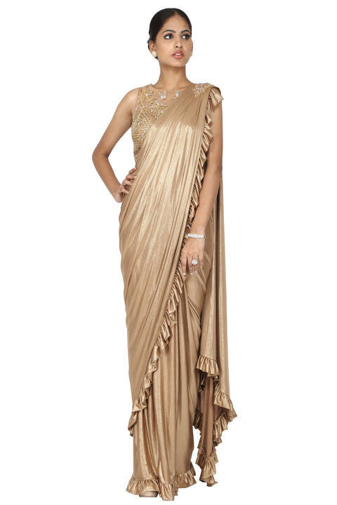 Metallic beige drape saree. freeshipping - Frontier Bazarr