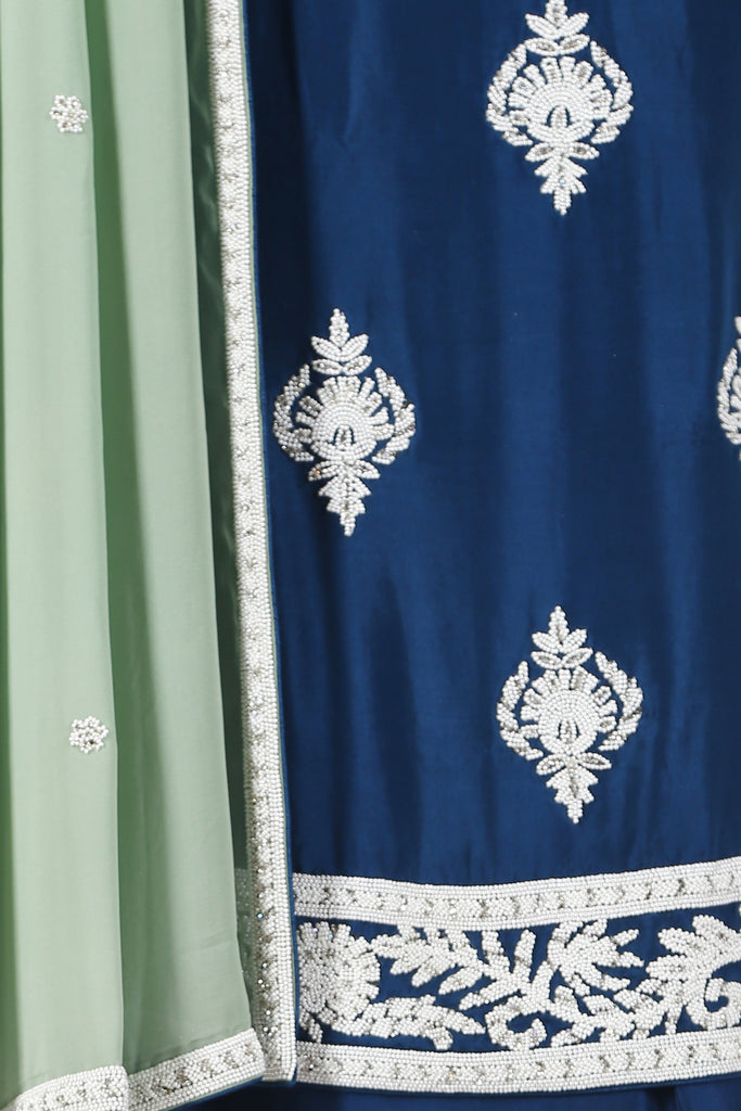 Royal Blue with Pista Green dupatta Unstitch Set. freeshipping - Frontier Bazarr
