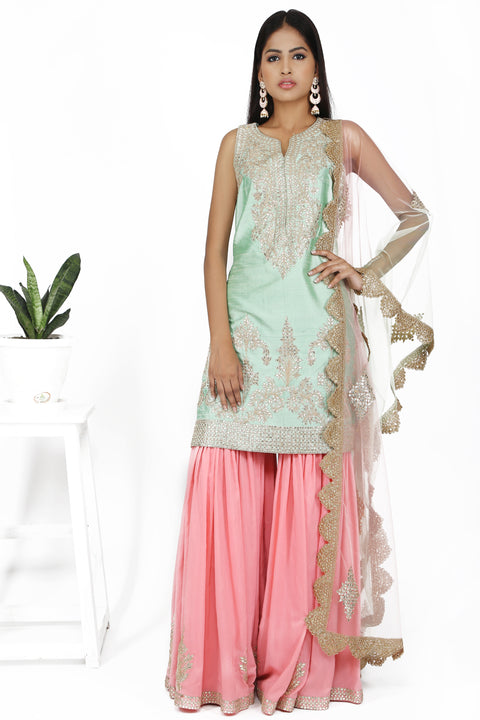 Powder blue tunic with soft pink sharara freeshipping - Frontier Bazarr