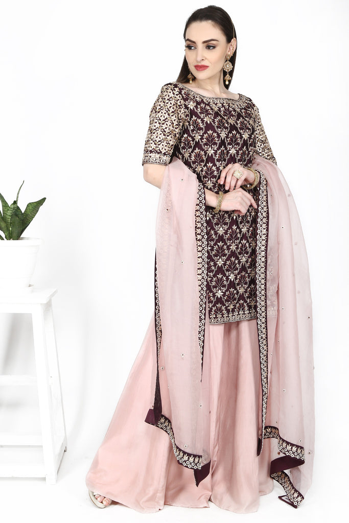 Wine Tunic with Pale Pink Sharara Set. freeshipping - Frontier Bazarr