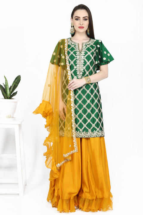 Emerald green tunic and mustard yellow flare sharara. freeshipping - Frontier Bazarr