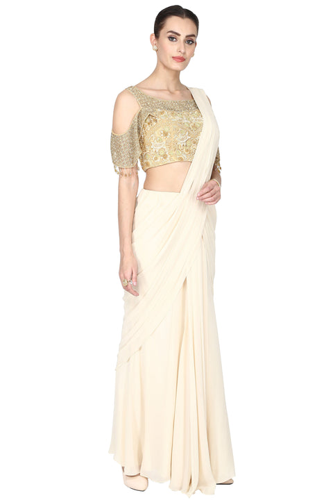 Off-white pre-drape saree with cold sleeves set. freeshipping - Frontier Bazarr