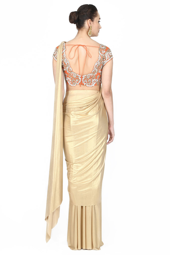 Metallic golden drape saree. freeshipping - Frontier Bazarr