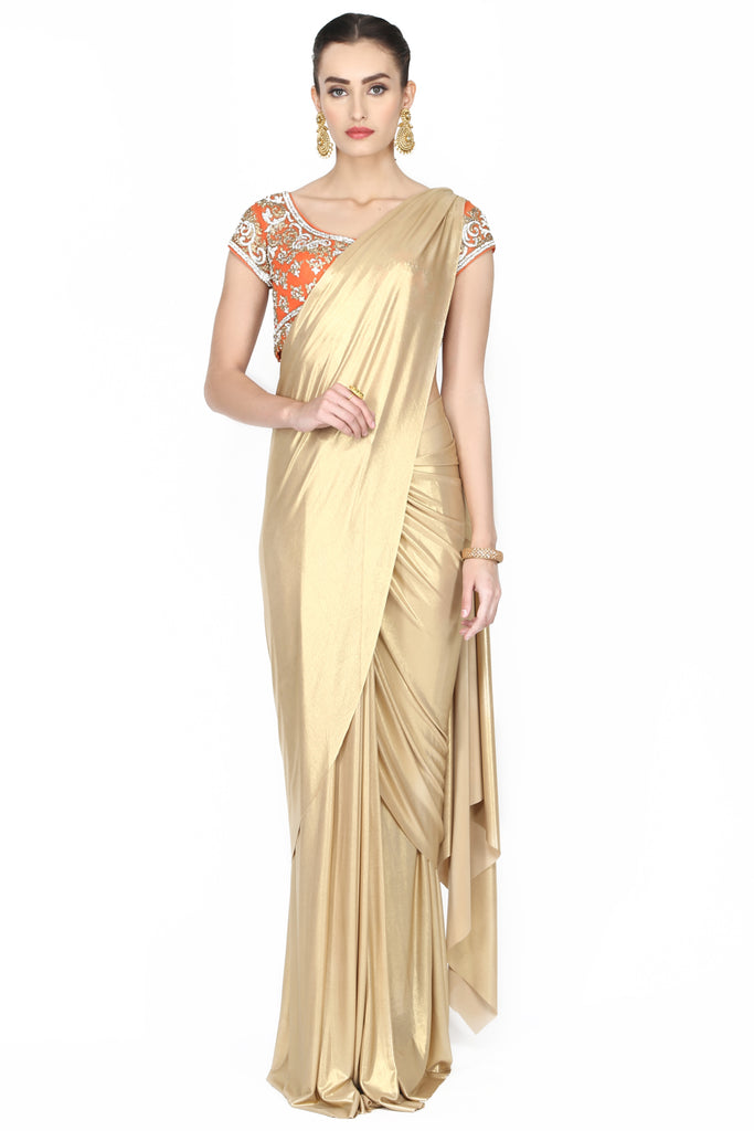 Metallic golden drape saree. freeshipping - Frontier Bazarr
