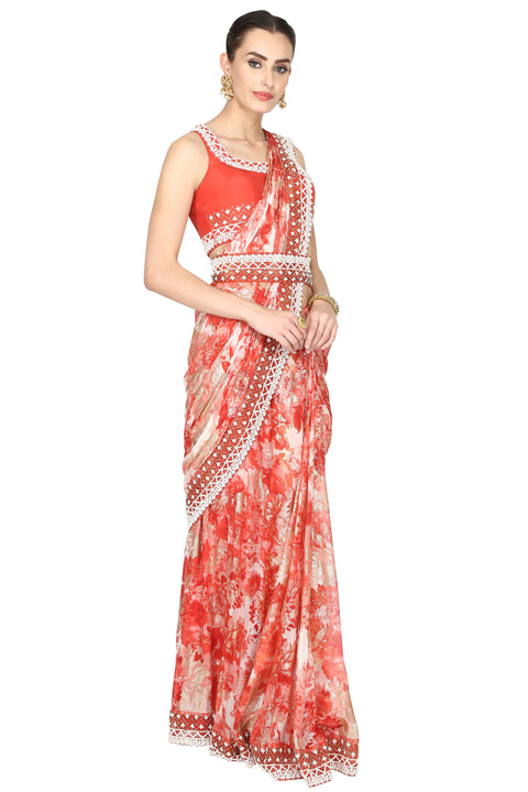 Red and pink pre-drape saree freeshipping - Frontier Bazarr