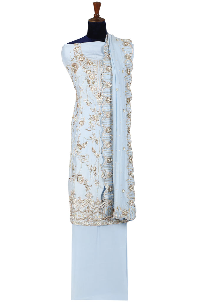 Soft blue embroidered unstitched set. freeshipping - Frontier Bazarr